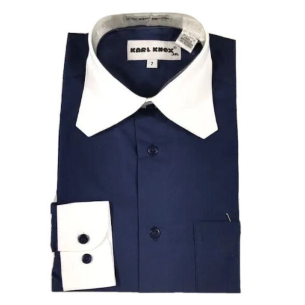 Karl Knox Boys Navy Blue Dress Shirt White Fashion Collar and Cuffs Sizes 4 - 7
